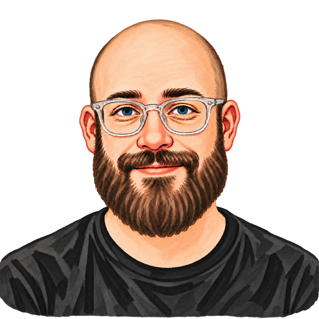 Painted cartoon head-and-shoulders avatar of Josh with a bald head, clear glasses, and a brown beard