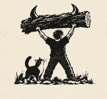 Monochrome illustration of a person and cat beside a horned log